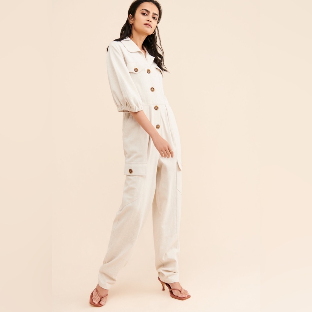 Free People Linen Jumpsuit XS Cream Raglan Utility Festival Boho Button Front